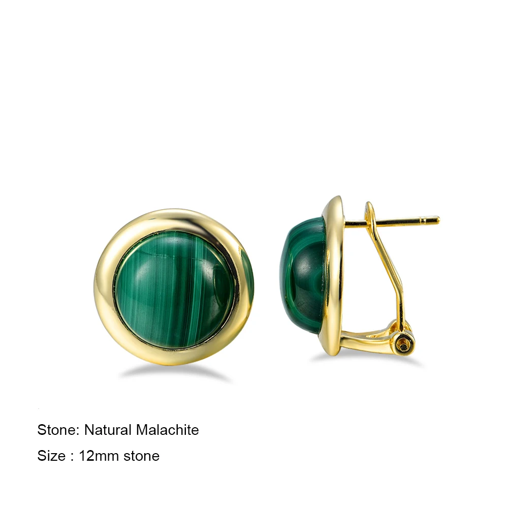 FFGems 100% Natural Malachite Gemstone Yellow Gold Clip Earrings 12mm Big Green for Women Birthday Party Trend Jewelry Gift