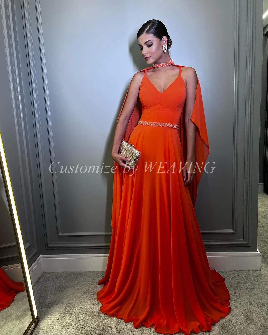 

Orange Chiffon Long Prom Dresses V Neck Beadings Floor Length Saudi Arabic Women Evening Gowns Formal Party Dress