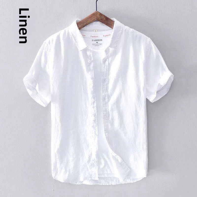 

Linen Cotton Blend Men's Casual Shirt Summer Thin Loose Fit Pure White Business Casual Short Sleeve Button up Coat