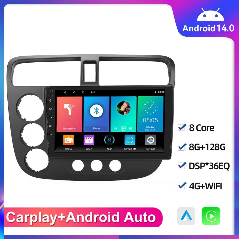 

Android 14 для Honda Civic 2000 -2005 2006, автомобильное радио, стерео, мультимедиа, беспроводная навигация для Carplay, GPS, Android