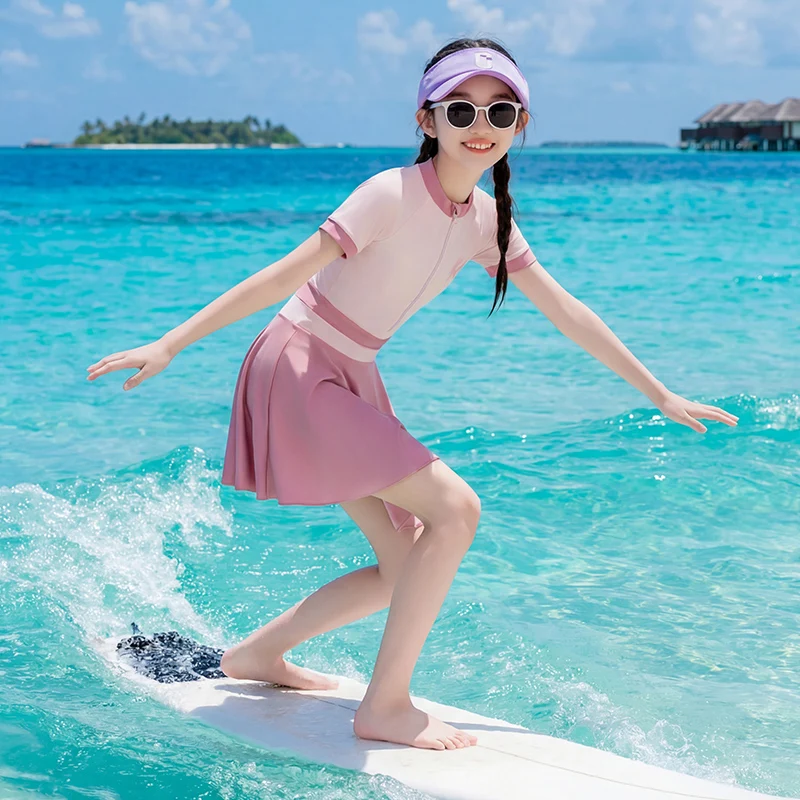Teen Girl Swimwear Skirted One-Piece Swimsuit Short Sleeve Swimdress Children Boyshort Quick Dry Bathing Suit Girls Beach Pool