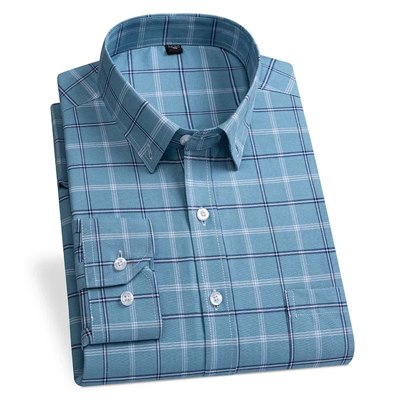 Camicia scozzese da uomo Oxford Tasca singola applicata a righe Casual Manica lunga Camicia elegante da uomo d'affari di nuova moda Top Abbigliamento