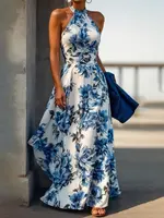 Modigirl, vestidos largos de verano para mujer, nuevo ajuste para fiesta en la playa, cumpleaños, boda, sin mangas, estampado de flores, vestido acampanado con cuello Halter para mujer 2025