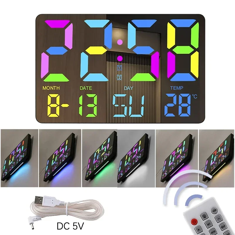 

Large Colorful Digital Wall Clock Temperature Date Snooze Table Clock Dual Alarms Wall-Mounted Automatic Dimming RGB LED Clock