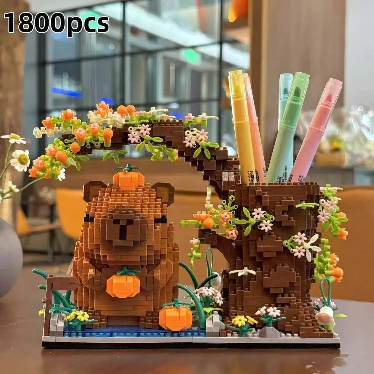 Capybara Building Block Pen Holder Multi-Function Desk Organizer for Office Supplies Cosmetics Birthday Gift Desktop Decoration