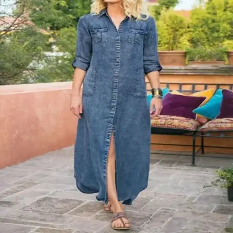 Women's S-5XL size Summer new women's loose solid color casual single breasted denim dress loose design comfortable and casual