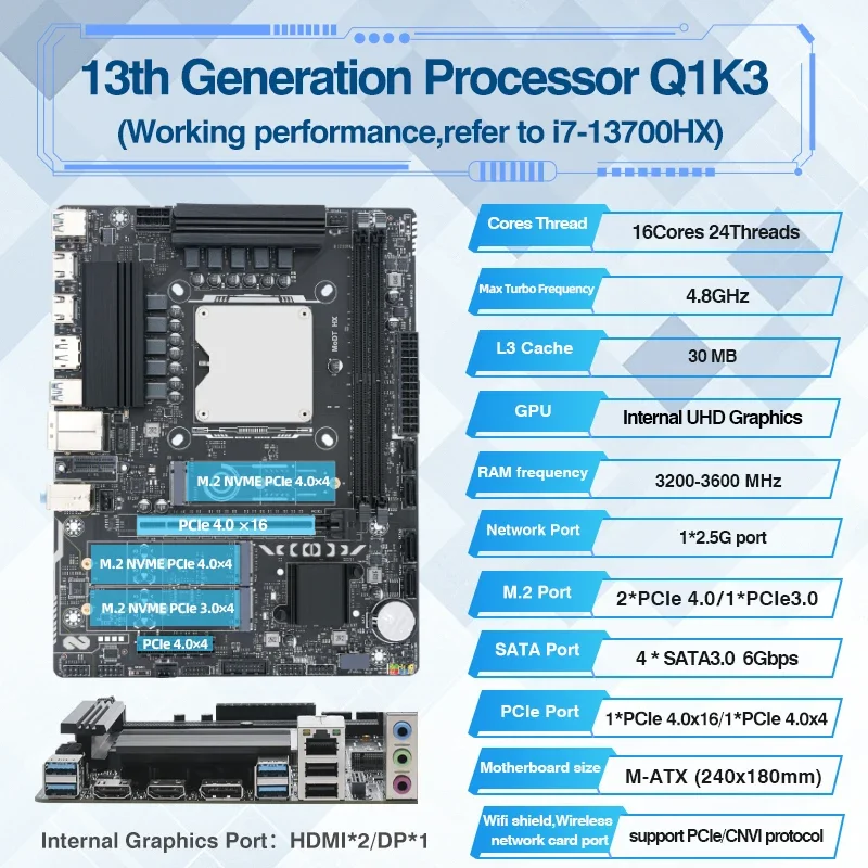 

M-ATX LGA 1151 Комплект материнской платы процессора Q1K3 ES 0000 (сборник и7 13700HX) 14C20T Встроенный процессор DDR4 Двойная ОЗУ NVME M.2 SATA Обновление ПК