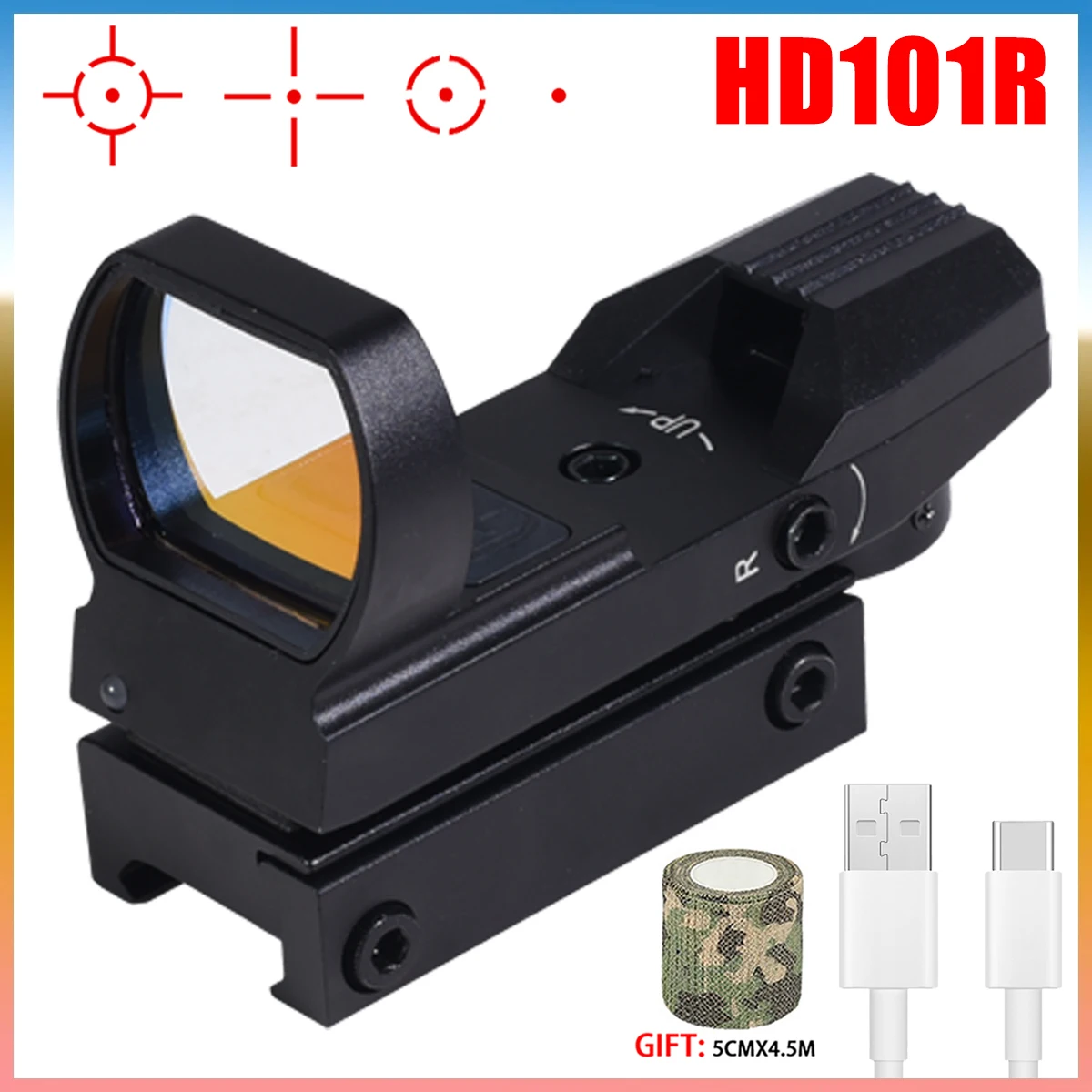 

Tactical HD101R Red Dot Sight with Type-C USB Rechargeable Collimator 4 Reticle Airsoft Reflex Sight Hunting Rifle Scope