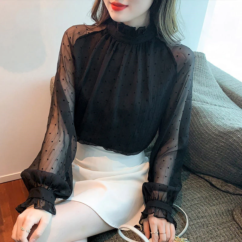 

Black Wave Point Thin Transparent Blouse Women Classic Lantern Sleeve Turtleneck Summer Casual All-match Lady Pullover Shirt N30