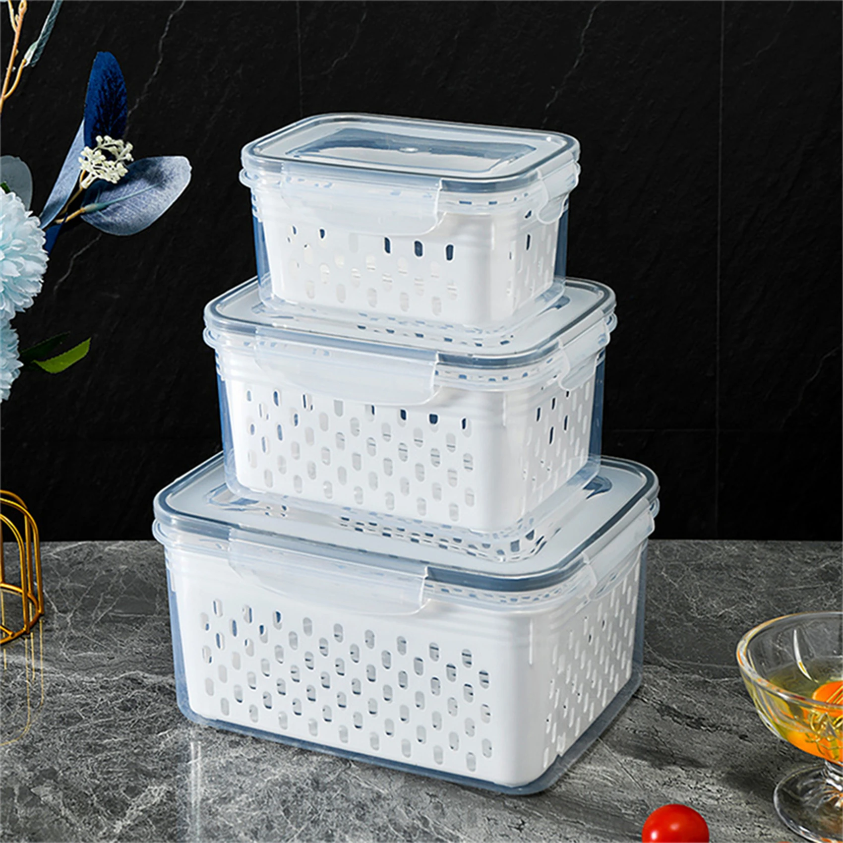 Refrigerator Preservation Storage Box Drain Basket Storage Containers Sealed Box Vegetable and Fruit Food Grade Drain Box