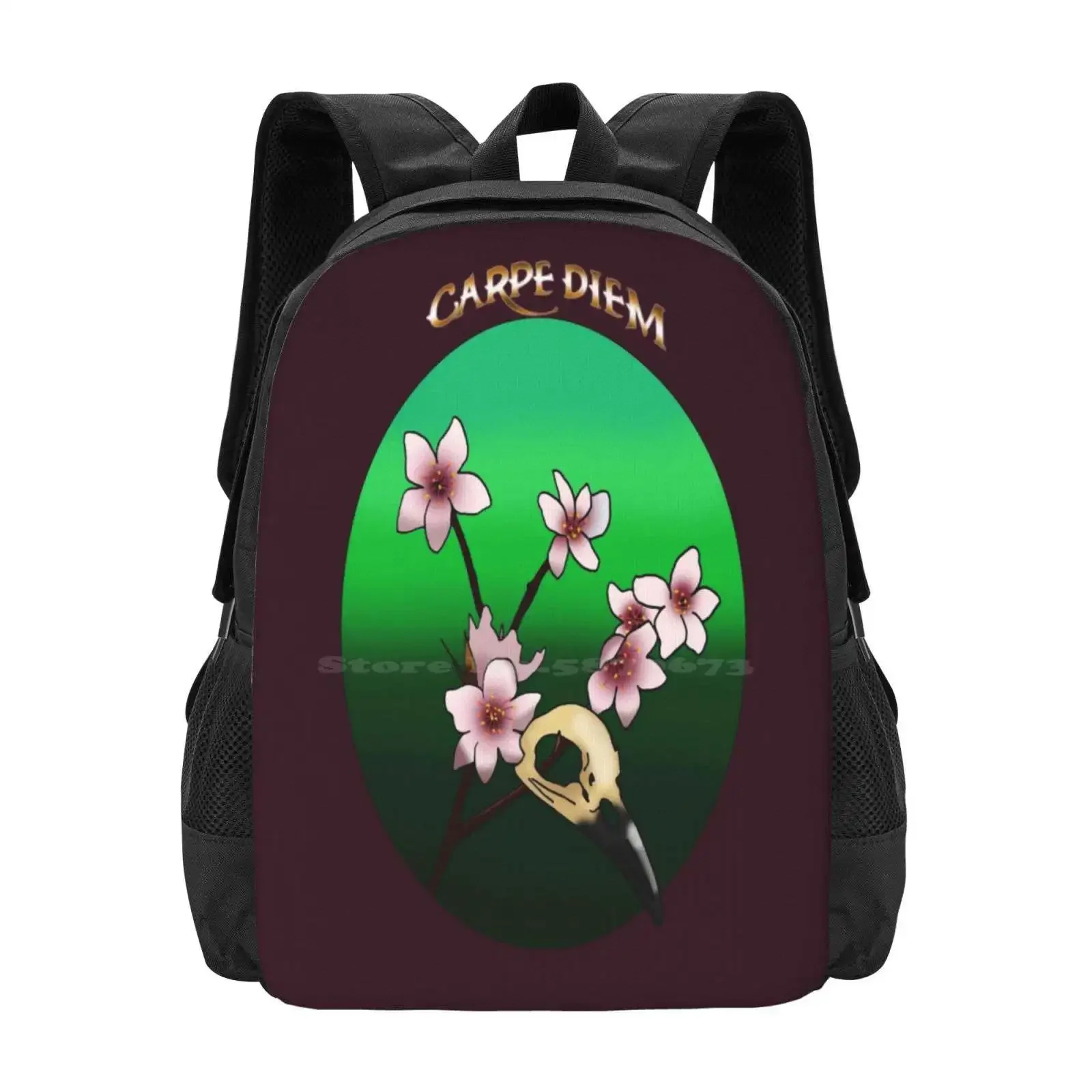 

Carpe Diem Hot Sale Schoolbag Backpack Fashion Bags Hornbeam Diem Tempus Fugit Skull Bird Flower Cherry Gothic Fleeting Weather