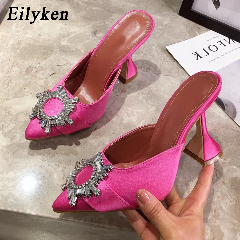 Eilyken Rose Red Silk Satin Pumps Women Pointed Toe Rhinestone Crystal Wedding Slip On Strange Style Heel Mules Shoes