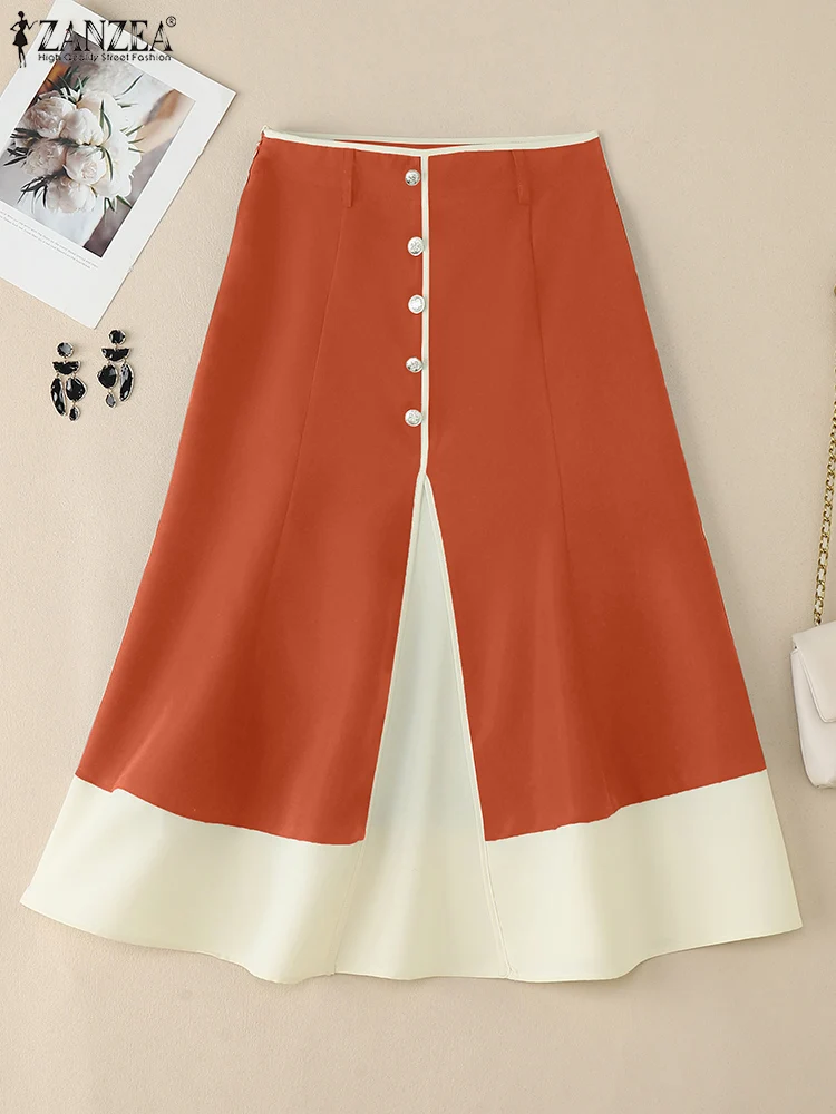 ZANZEA  2025 Autumn Midi Skirt Stylish Women High Waist Office Skirts Patchwork Party Jupes Elegant A-line OL Work Faldas Saia