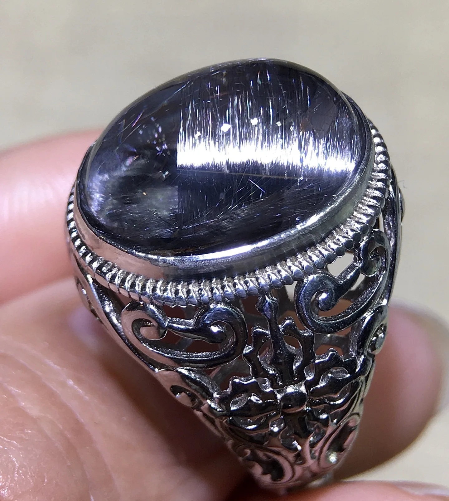 Natural Silver Brookite Platinum Rutilated Quartz Ring Oval Big Size 16/12/7.5mm 925 Silver Woman Men Water Drop Lucky AAAAA