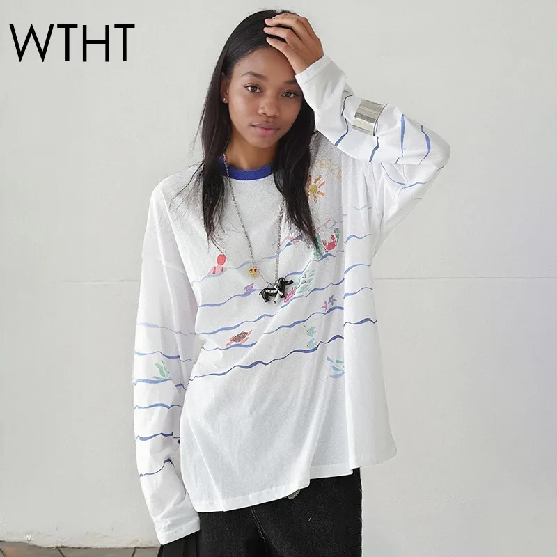 

WTHT New Trendy Women's Striped Cartoon Design Spliced T-shirt 2025 Summer Fashion O-neck Long Sleeves Tops Female 1LS2190