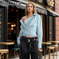 GALCAUR Patchwork Folds Tunic Solid Shirts For Women Lapel Long Sleeve Spliced Single Breasted Fashion Blouses Female Autumn New