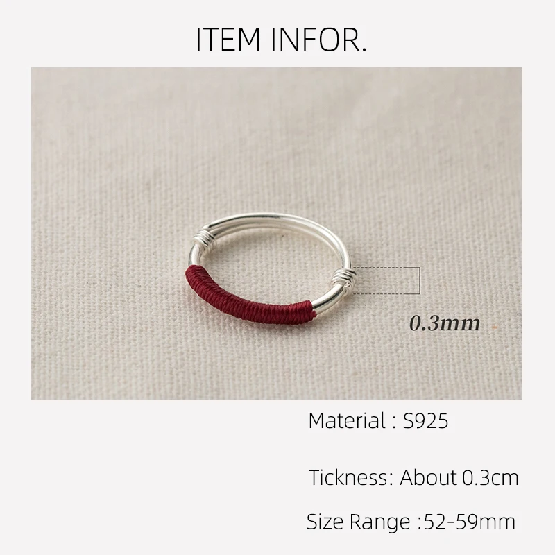 La Monada 52-59mm 999 Sterling Silver Women's Ring Elegant Retro Minimalist Red Thread Symbolizing Love Good Luck Adjustable