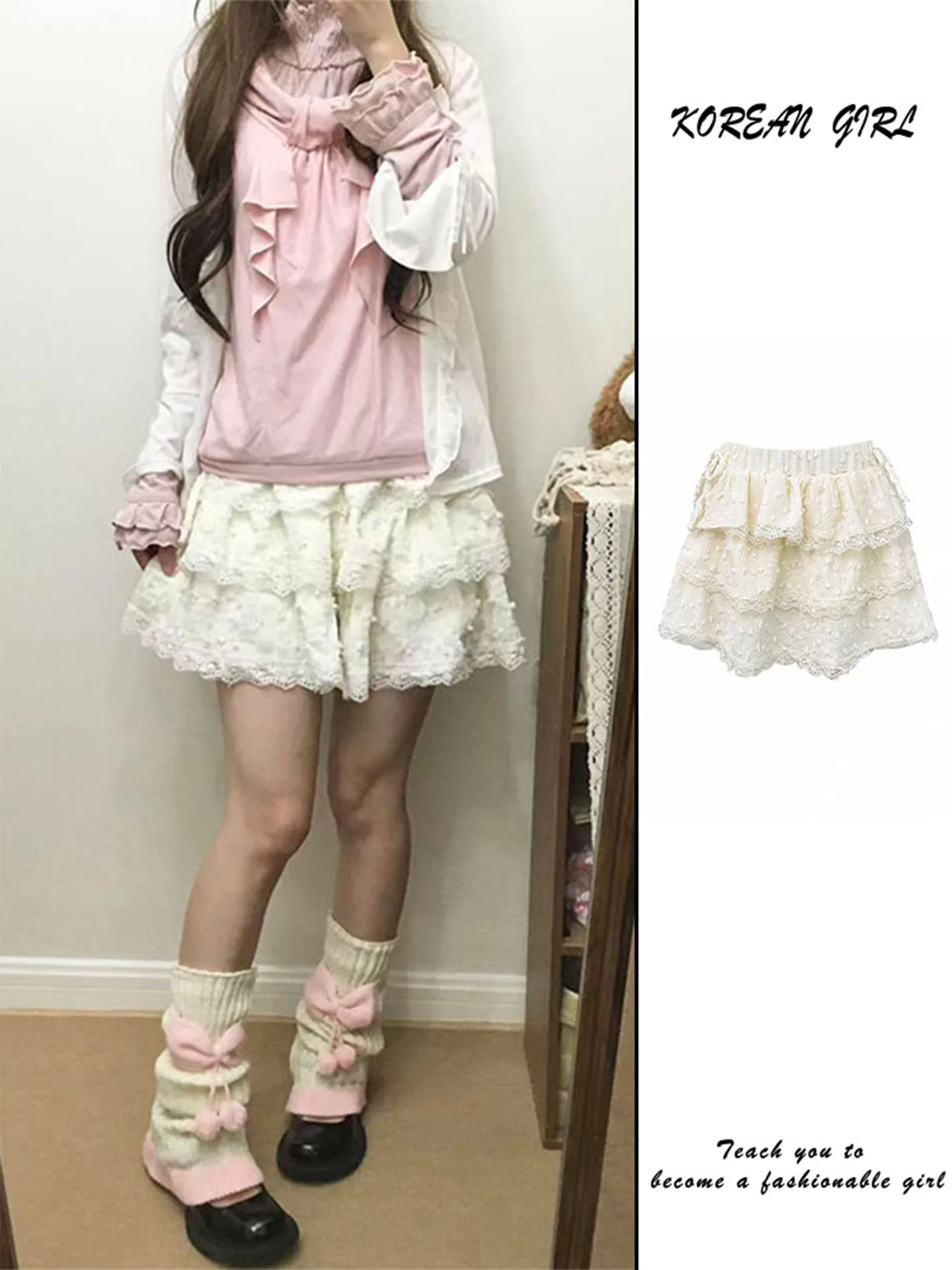 Ballet Style Lace Trim White Cake Half Skirt Women's Autumn Design Small Size A-Line Fluffy Short Skirt Casual High Waist Ela...