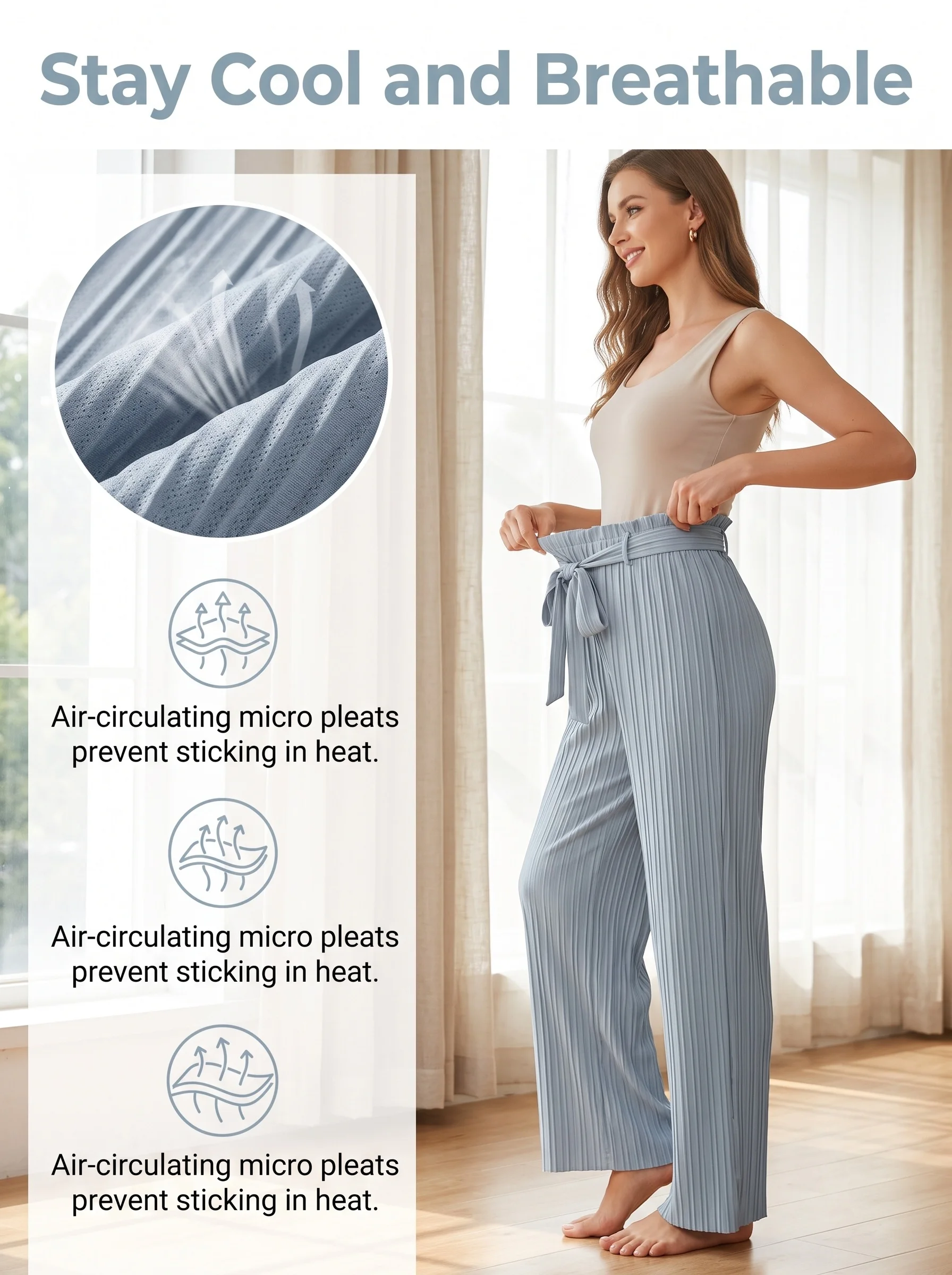 Staubblau Plissierte Hose mit Bindegürtel, Weites Bein, Hohe Taille mit Rüschenbesatz, Lässige Drapierte Hose – Detail 5