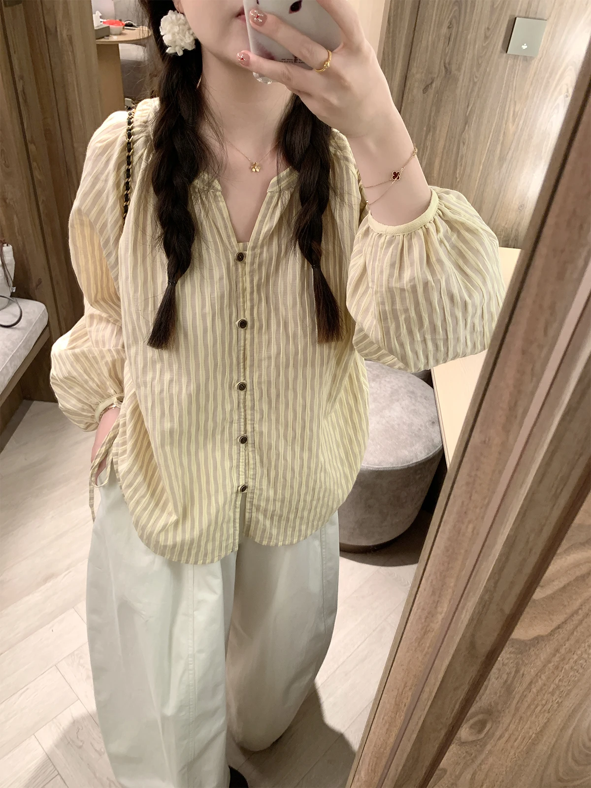 

LL Early Autumn Double Stripe Pure Cotton Long Sve Loose Retro Women's irt Breathable Comfortable V-ne Open Cardigan