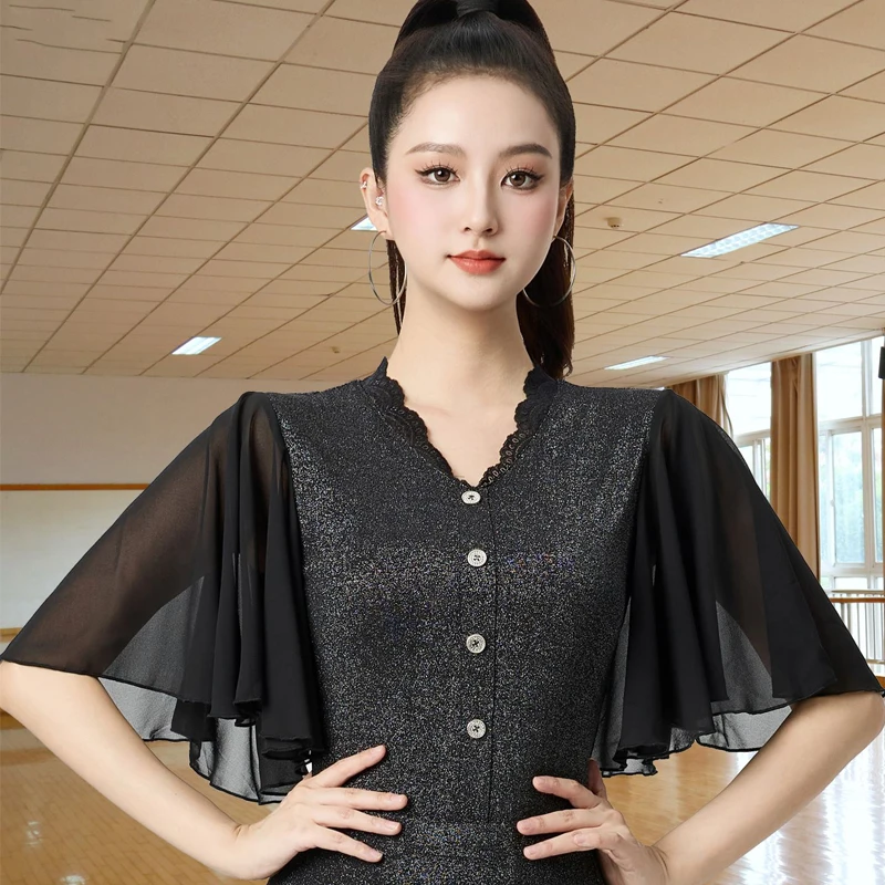 

Женский топ для современных танцев вальса, топы с рюшами для взрослых, топы для латинских танцев, черная одежда для бальных танцев самбы DW10897