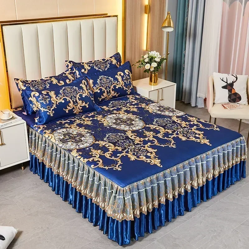 2025 New Light Luxury Lace High-end BreathableMat Set Three-piece Set: One Bed Skirt + Two Pillowcases Without Pillow Core