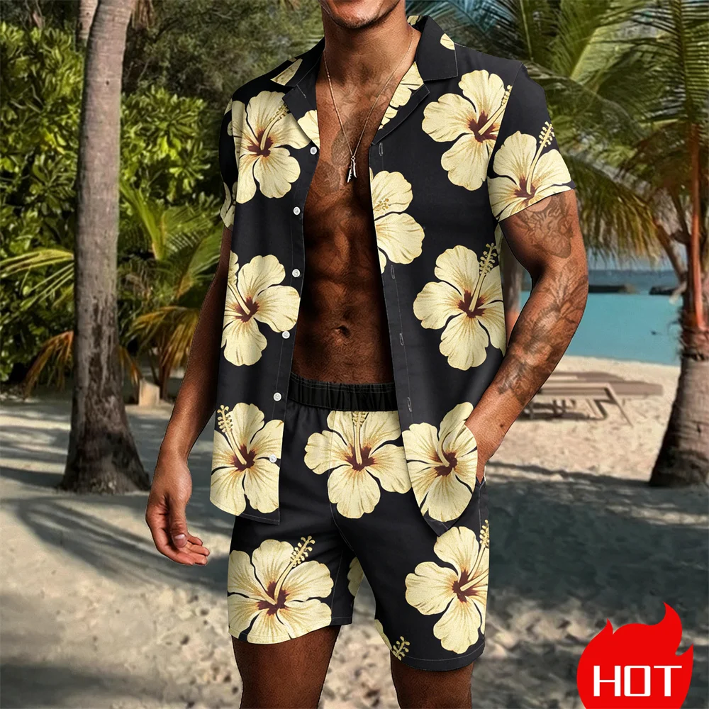 Summer Clothes For Man Resort Hotel Shirt Set Retro Pattern Vacation Shirt two-piece Set Leisure Hawaii Beach Men's 2 Piece Set