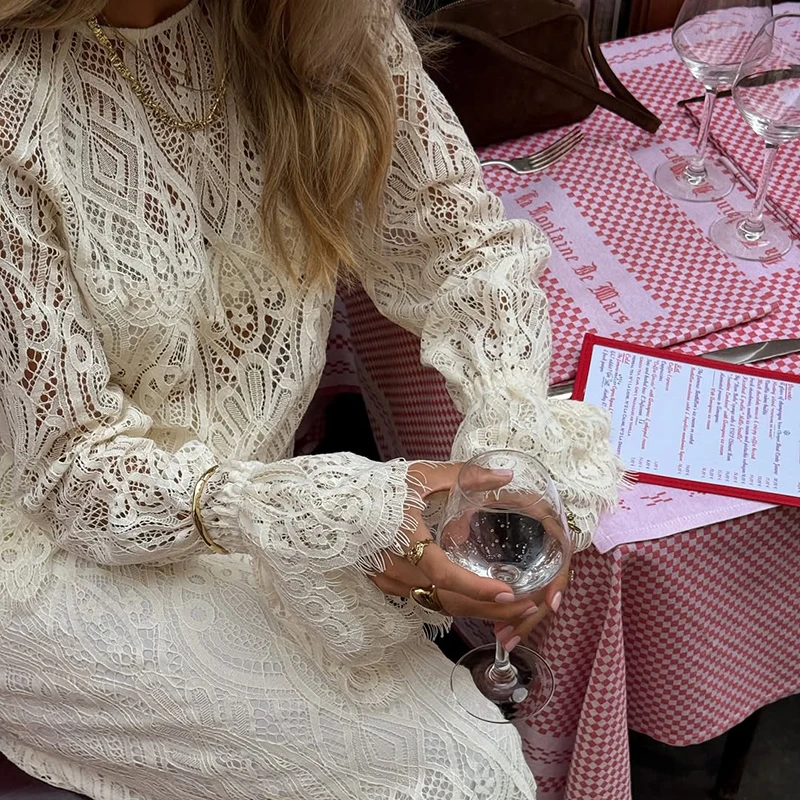 Tornova Set di abiti eleganti in pizzo Set da donna con maniche svasate sexy vuote Top senza schienale con lacci Gonna lunga a vita alta Set da 2 pezzi