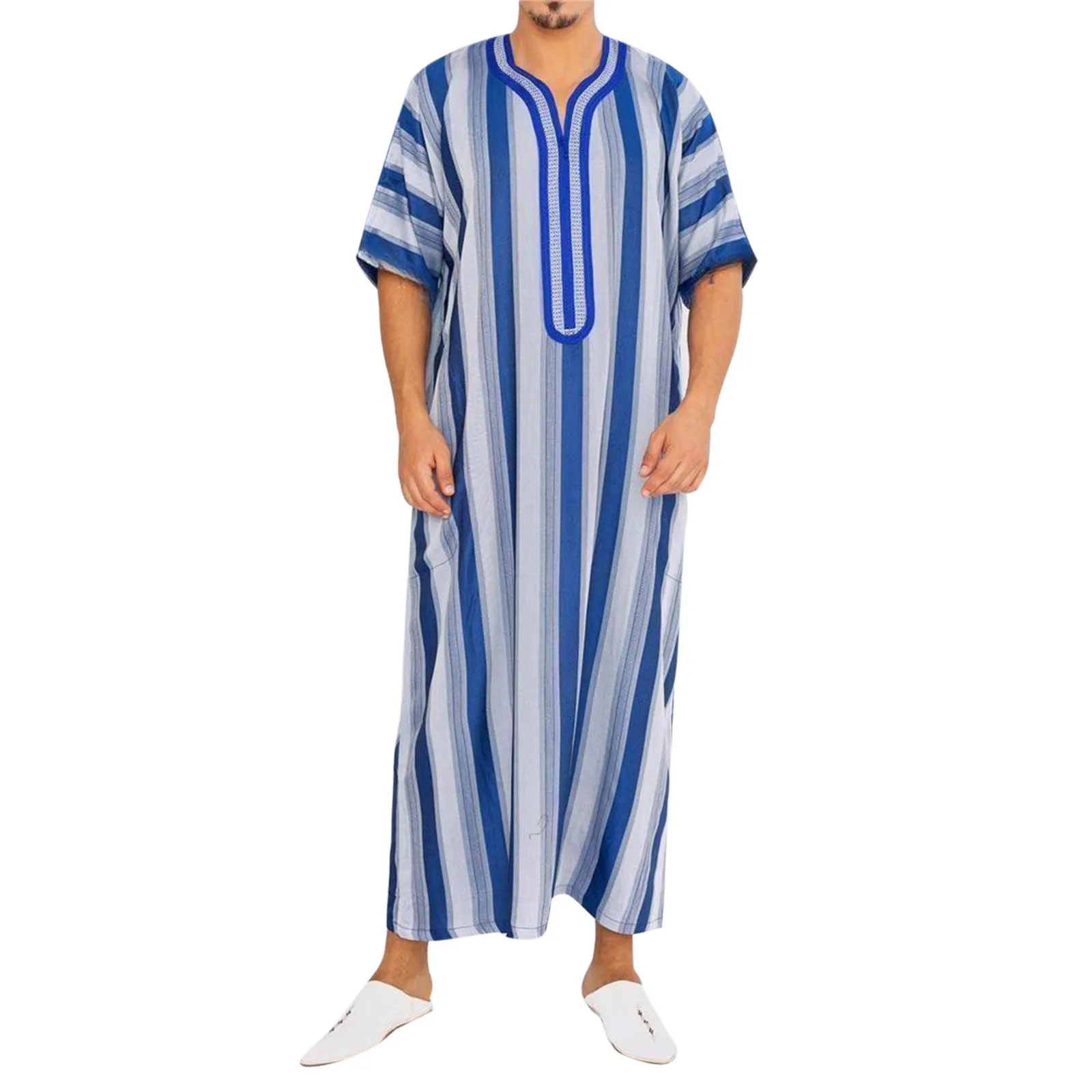 

Blue Striped Jubba Thobe For Mens Short Sleeved Long Robe Arab Ethnic Middle East Muslim Long Robes Islamic Arabian Kaftan