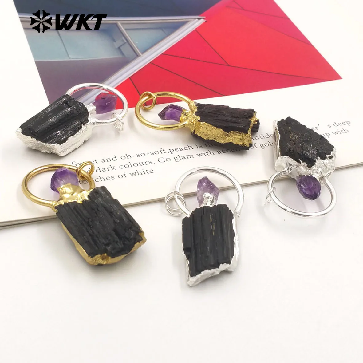 

WT-P1960 Classic And Vintage Raw Material Black Tourmaline & Amethyst In Silver Gold Plated Irregular Shape Pendant Accessories