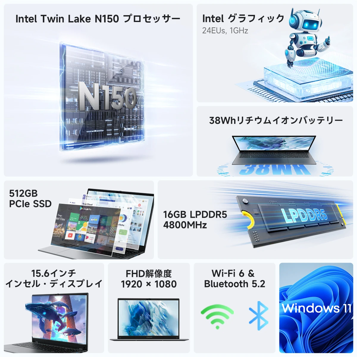 كمبيوتر محمول CHUWI GemiBook Plus مقاس 15.6 بوصة 512 جيجابايت SSD وسعة 16 جيجابايت LPDDR5 Intel N150 (حتى 3.6 جيجا هرتز) كمبيوتر محمول Windows 11 IPS FHD 1920x1080