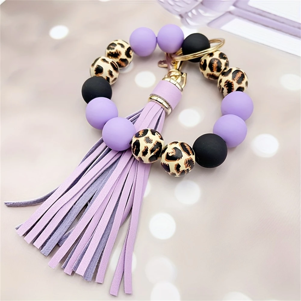1pc Keychain Leopard-print Acrylic Bead Bracelet With PU Tassels And A Keychain Keyring Fashion Girl