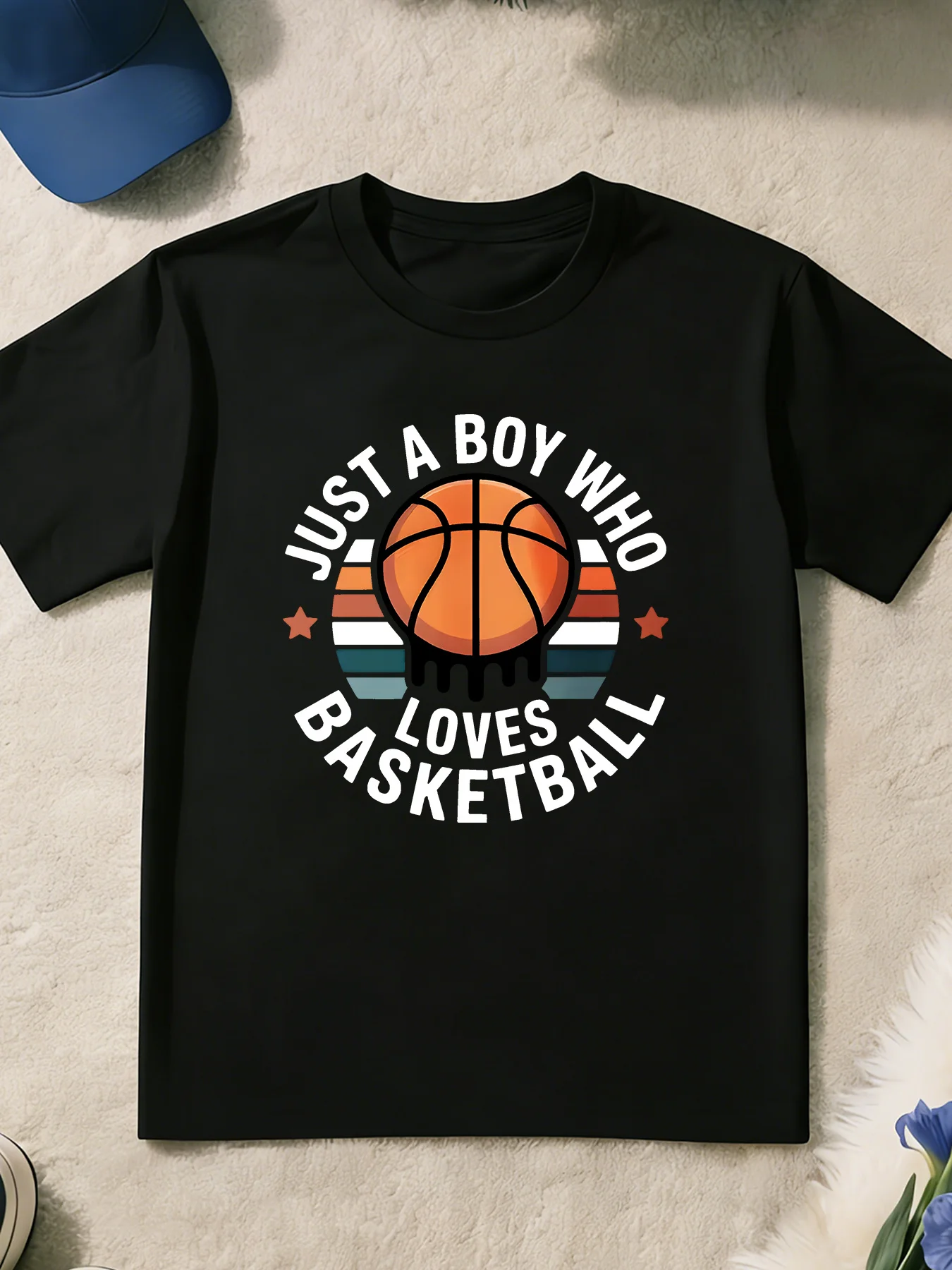 Just A Boy Who Loves Basketball Retro Sunset Print T Shirt Boys Girls Sport Short Sleeve Tee Family Matching Kids Cotton Tops