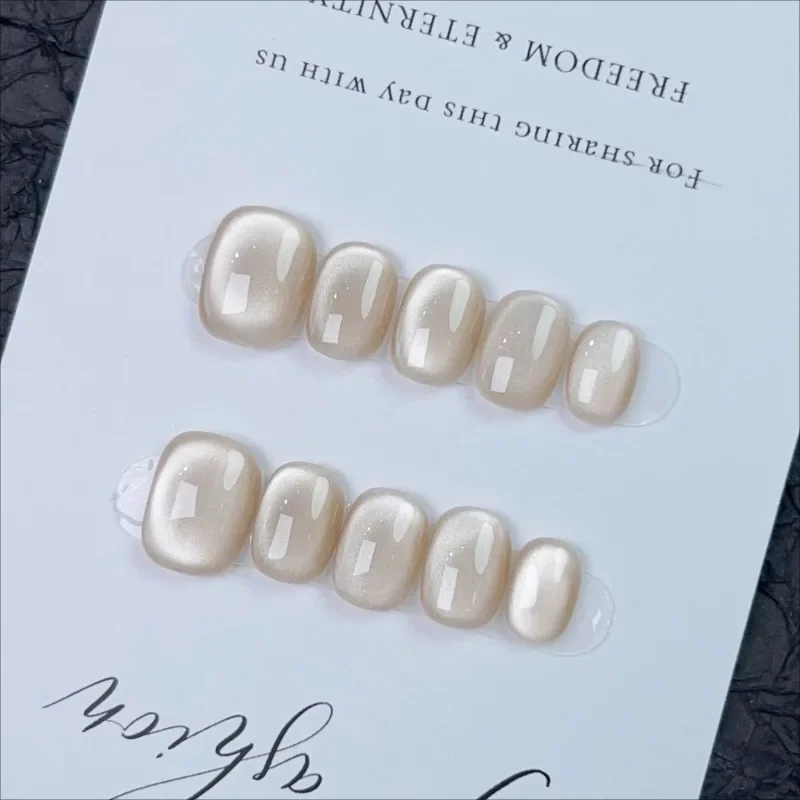 10pcs Handmade Champagne Cat Eye Simple Solid Color Artificial Decorated False Nails Girl Acrylic Fake Press on Nails for Gluing