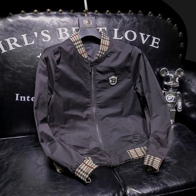 

2025 high-quality men's clothing new large-size slim-fit plaid stand-up collar jacket casual embroidery
