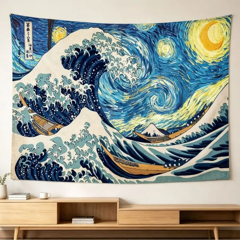 VIKAMA Japanese Wave Ukiyo E Mountain Ocean Vintage Wall Tapestry Retro Aesthetic Wall Hanging Decor For Bedroom Dorm