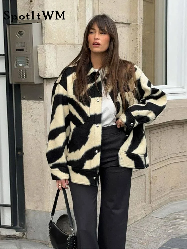 

Women Fashion Zebra Printed Single Breasted Jacket Casual Lapel Long Sleeves Loose Coat Autumn Chic New Lady Commuting Outerwear