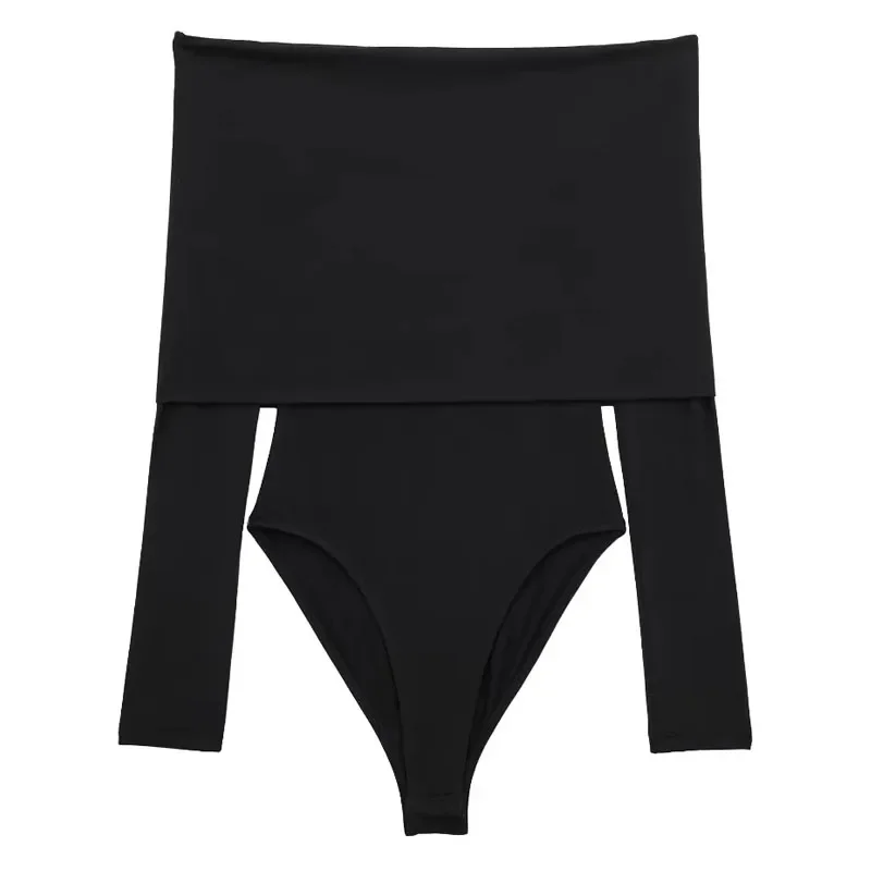 TRAF-Body con hombros descubiertos para mujer, lencería Sexy de manga larga, Tanga de corte alto, color verde, Espalda descubierta, color negro