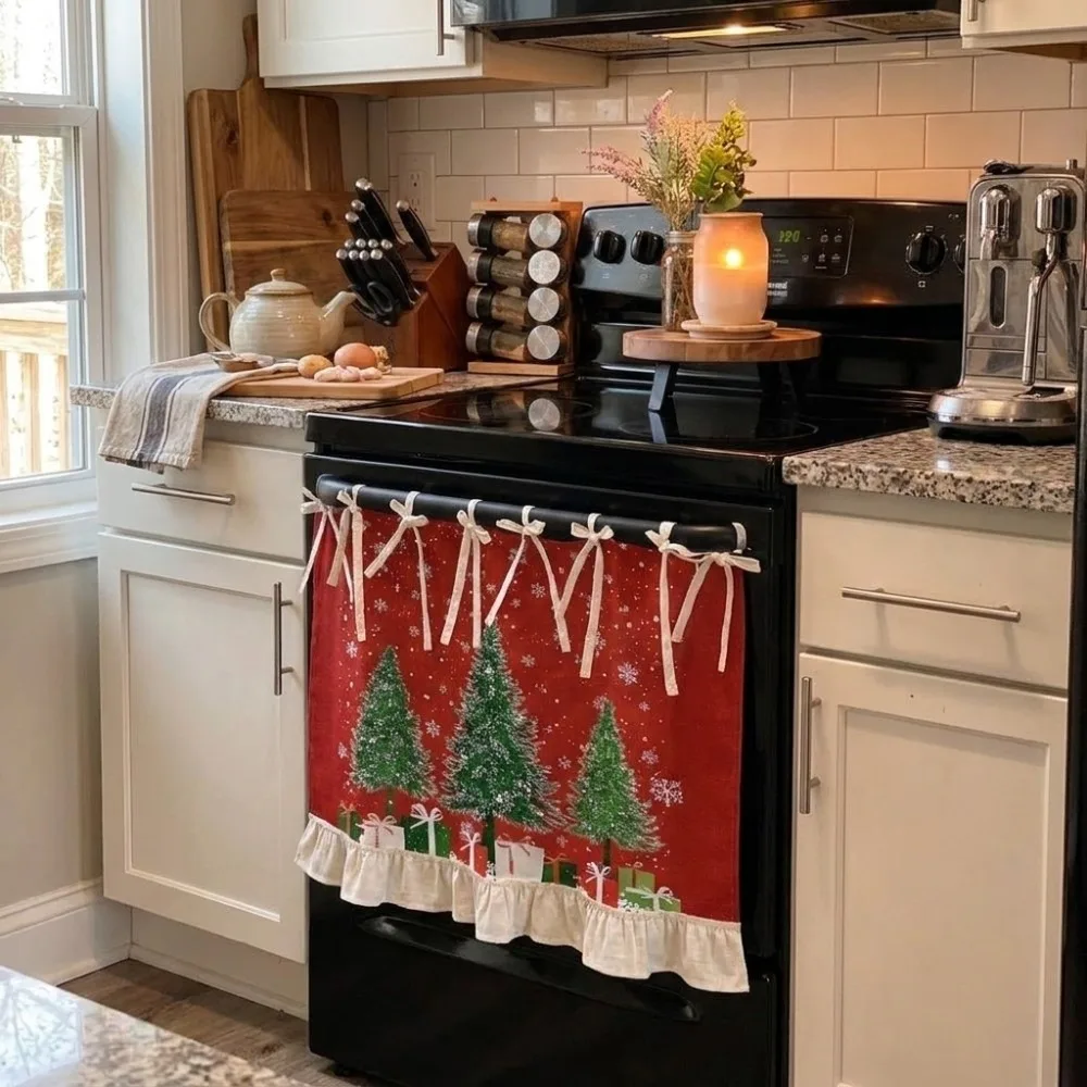 Durable Xmas Oven Decor Curtain Ribbon Ties Printed Pattern Appliance Cover Plaid Bow Kitchen Decor Protective Curtain