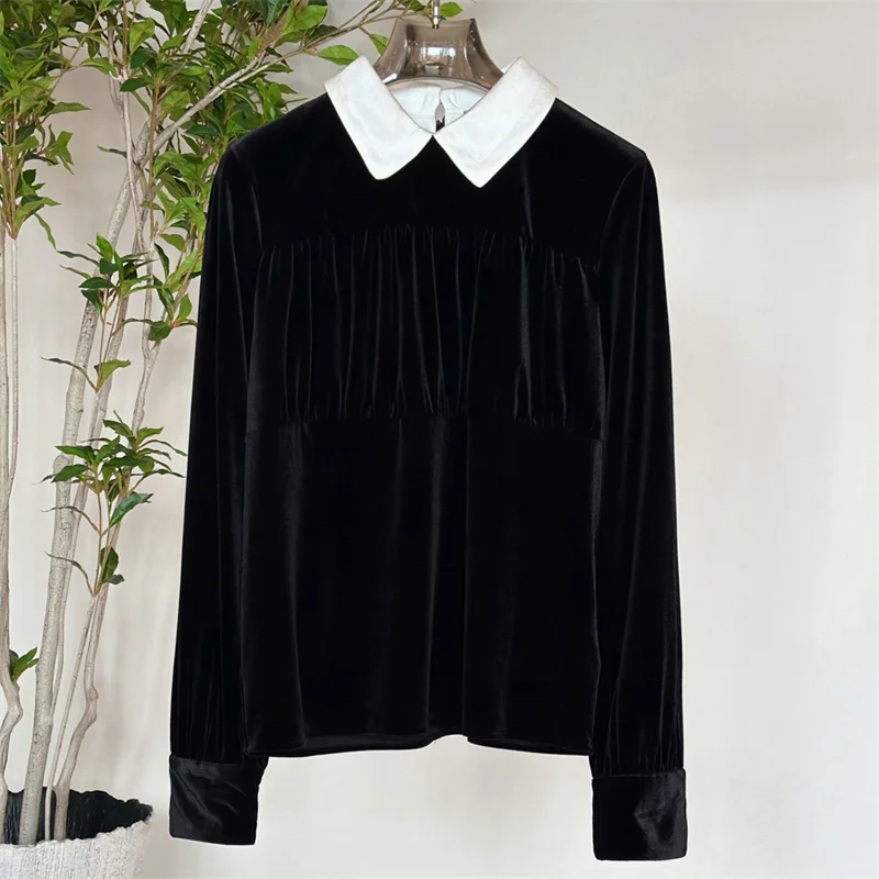 

Women's shirt Spring 2026 new velvet slim fit women's long sleeved top Detachable collar Women's blouse fake two-piece pullover