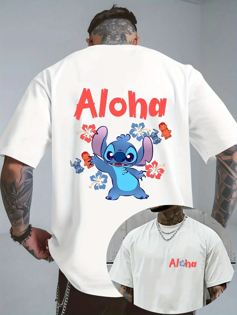 

Мужская повседневная и модная футболка с принтом Disney Stitch, удобная ткань с круглым вырезом, модная уличная одежда для повседневной носки