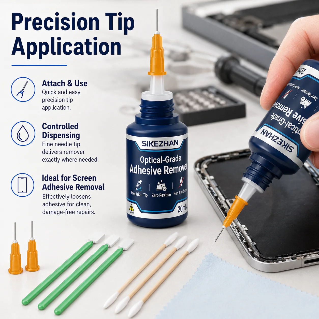 OCA LCD Screen Repair Adhesive Remover 20ml Optical Grade Glue Liquid Zero Residue Non-Conductive Cleaning Kit Swabs Cloth Tool