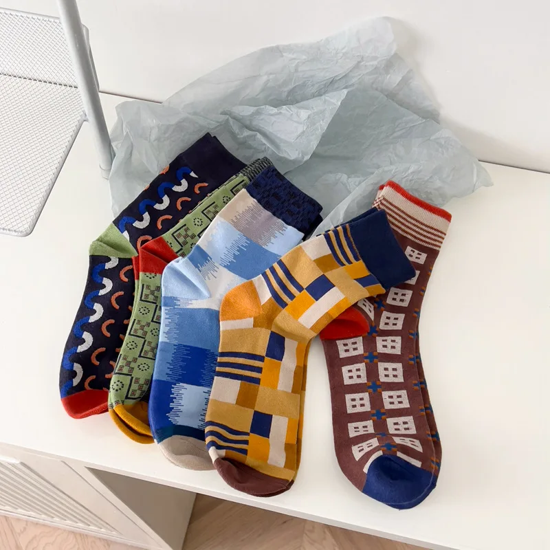 New middle tube cotton socks fashion geometric pattern cute bear plaid ins wind middle tube pile pile straight  socks