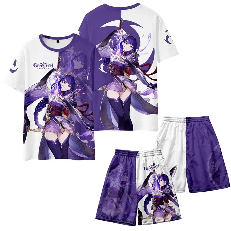 Genshin Impact Beelzebu Cosplay Costume Short Sleeve Tops Tshirt and Shorts Raiden Ei Shogun Suit Casual Tracksuit Streetwear