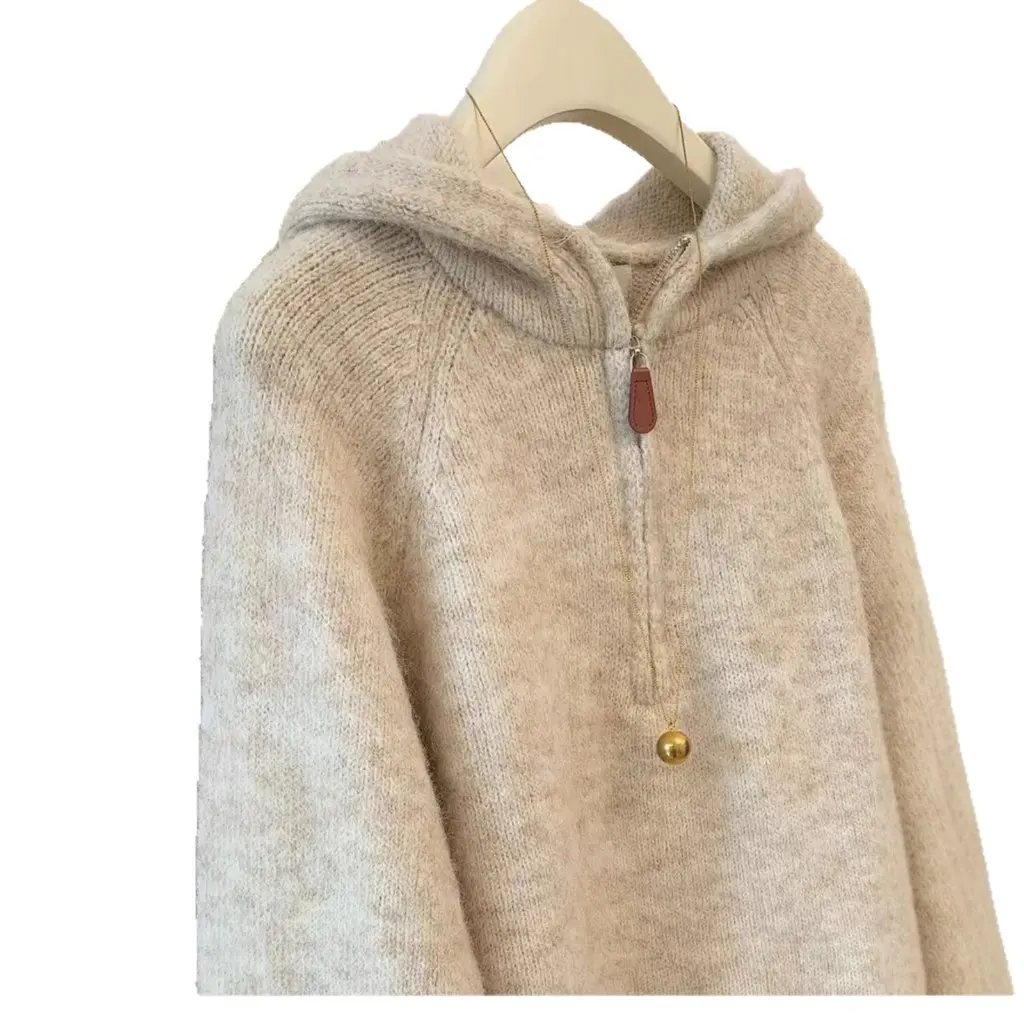 

New Women's Fluffy Mixed Color Knitted Hat Casual Long Sleeve Shoulder Insertion Sweater Comfortable Soft Spring Autumn Top