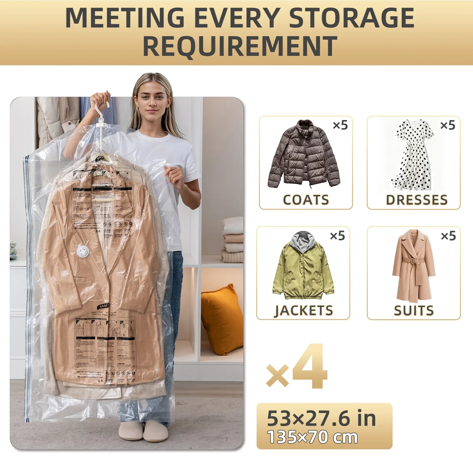 Hanging Storage Space Saver Bags for Clothes, Suits, Coats or Jackets, 4 Pack Travel Compression Bags for Home