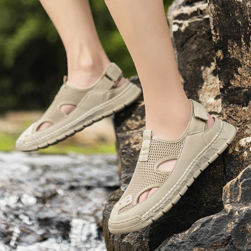 

Мужские сетчатые рыбацкие сандалии ручной работы в стиле ретро с регулируемыми ремешками, дышащая кровать для летних путешествий и городских прогулок