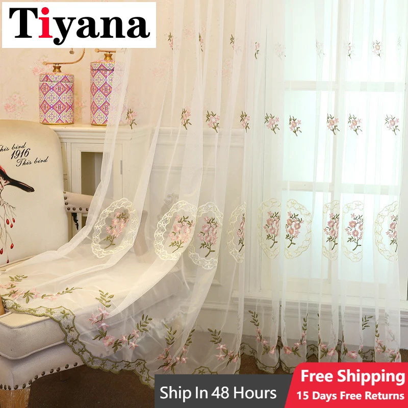 Pastoral Pink Flowers Sheer Tulle Embroidered Curtain Balcony Curtains For Living Room Bedroom Windows Blue Fabric Voile Darpes