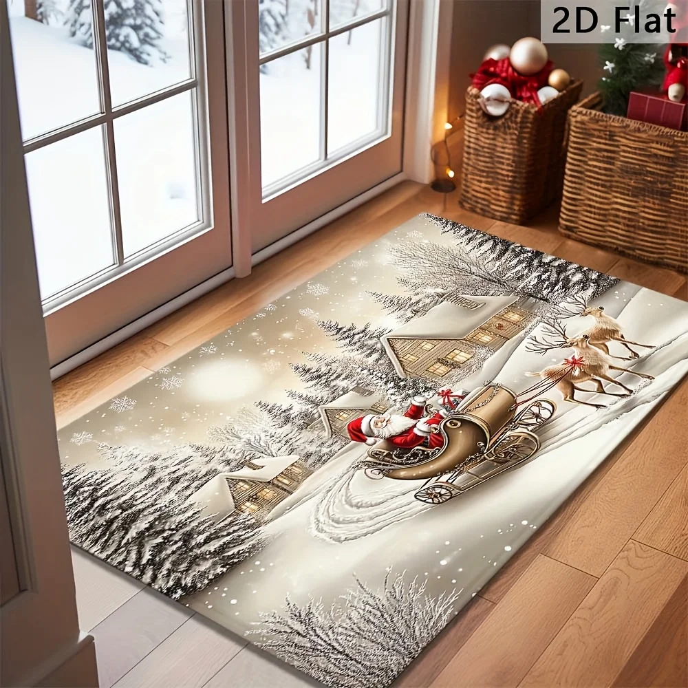 1pc Santa‑Reindeer Sleigh Winter Snow Scene Doormat, Non‑Slip Machine‑Washable Decor Floor Mat for Hallway, Kitchen, Living Room