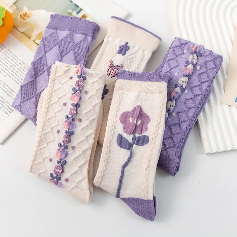 Fashion INS Harajuku Retro Woman Floral Vintage Purple Socks Ethnic Kawaii Cute Cotton Casual Breathable Ladies Girls Funny Sox